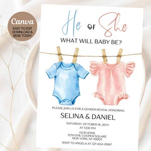 Editable He or She Gender Reveal Invitation Template. Vintage Baby Clothes Boy or Girl Gender Reveal Invite. Instant download. Canva 110