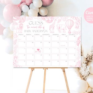 Bearbeitbares Safari Toile De Jouy Babyparty Errate das Datum des Kalenders, Rosa Guess Baby's Fälligkeitsdatumskalender, Dekoration, Canva