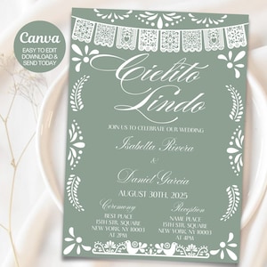 Cielito Lindo Wedding invitation, Mexican Talavera Theme Wedding Reception Invite, Papel Picado invitation, Sage green, Editable Canva