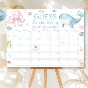 Bearbeitbar unter dem Meer Babyparty Erraten Sie das Ankunftsdatum, Kalenderzeichen, neutraler nautischer Raten-Baby-Fälligkeitskalender, Dekoration, Canva