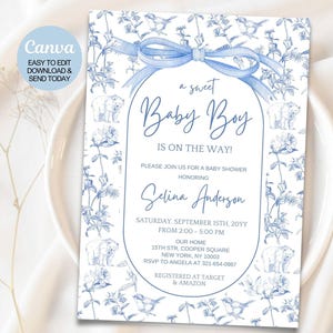 Editable Blue Toile De Jouy Baby Shower Invitation. Floral Baby Shower Invite Baby Shower Invite. Instant download. Canva