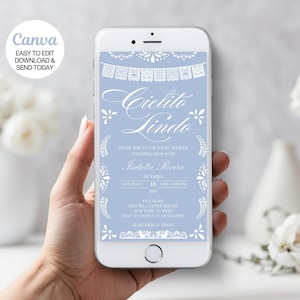 Invito elettronico per baby shower Cielito Lindo per qualsiasi smartphone. Invito modificabile a tema Talavera Papel Picado. Modello Dusty Blue. Canva