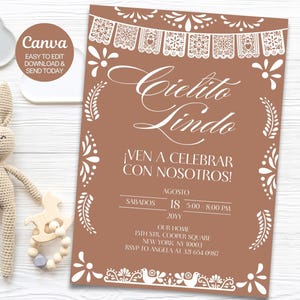 Modello di invito alla celebrazione di Cielito Lindo, invito alla festa a tema Talavera messicano, Papel Picado invitación de celebración, Canva modificabile