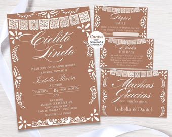 Set di inviti per baby shower Cielito Lindo, invito per baby shower a tema messicano Talavera, invito per baby sprinkle Papel Picado, Canva modificabile