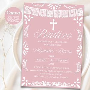 Invito al battesimo in carta picado rosa cipria in spagnolo / Modello Canva modificabile / Invito a tema messicano per ragazza Bautizo. Download immediato. Canva