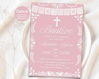 Blush Pink Papel Picado Baptism Invitation in Spanish | Editable Canva Template | Mexican Theme Girl Bautizo Invite. Instant download. Canva