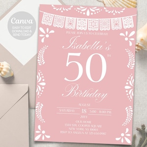 Modello rosa di invito per il 50° compleanno di Cielito Lindo, qualsiasi età, invito alla festa a tema Talavera messicano, Papel Picado invitación, Canva modificabile