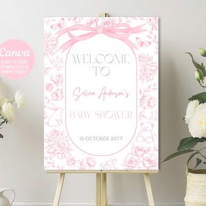 Bewerkbare roze strik babyshower welkomstbord, roze lint bloemen toile de jouy babyshower decoraties, digitale sjabloon. Canvas