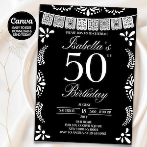 Mexican Fiesta 50th Birthday Invitation: Talavera Theme, Editable Canva Template (Digital Download)