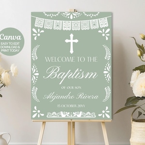 Placa de boas-vindas de batismo em papel picado verde-sálvia editável, decorações de chá de bebê com tema mexicano Bautizo, modelo Canva.
