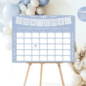 Cielito Lindo Baby Shower Guess Baby's Fälligkeitskalender, Mexikanische Talavera Theme Dekoration, Dusty Blue Vorlage, Canva