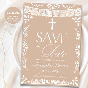 Invito per battesimo in carta Picado Save the Date beige / Modello Canva modificabile / Invito a tema messicano / Genere neutro / Canva