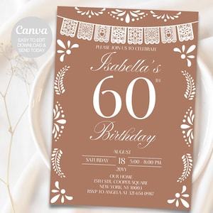 Mexican Fiesta 60th Birthday Invitation: Talavera Papel Picado, Editable Canva (Digital Download)