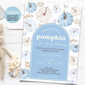Editable Little Pumpkin Baby Shower Invitation for boy, Fall Autumn Pumpkin Boy Baby Shower Invite, Printable Invitation. Canva