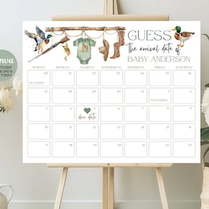 Calendario editable "A Little Hunter Is On The Way" para baby shower, con fecha de llegada estimada, calendario con fecha de parto estimada, decoración, Canva