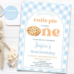 Edytowalne zaproszenie na pierwsze urodziny Cutie Pie dla chłopca. Zaproszenie na pierwsze urodziny Pumpkin Pie. Niebieski szablon. Natychmiastowe pobranie Canva