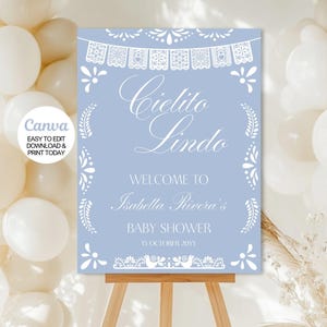 Editable Cielito Lindo Baby Shower Welcome Sign, Dusty Blue Mexican Talavera Theme Baby Shower Decorations, Papel Picado Template. Canva