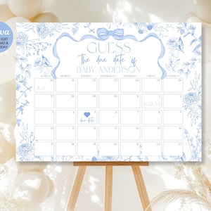 Bearbeitbare Blaue Schleife Toile De Jouy Babyparty Guess Ankunftsdatum Kalender Zeichen, Guess Baby's Fälligkeitsdatum Kalender, Dekoration, Canva