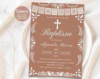 Terracotta Papel Picado Baptism Invitation | Editable Canva Template | Mexican Theme Girl Bautizo Invite. Instant download. Canva