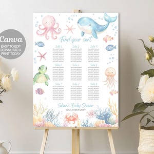 Plano de asientos para baby shower con tema marino editable, decoraciones náuticas neutrales para baby shower, plantilla digital para póster de asientos. Canva