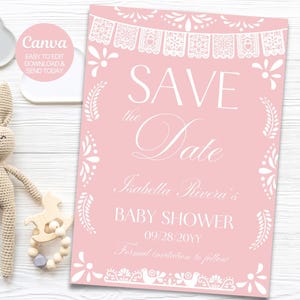 Invito per baby shower Cielito Lindo "Save the Date" modificabile, modello rosa, invito per baby shower a tema Talavera messicano, Papel Picado, Canva