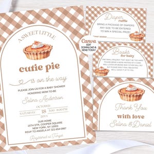 Edytowalny zestaw zaproszeń na baby shower Cutie Pie. Brązowy szablon. Zaproszenie na baby shower Pumpkin Pie. Neutralne pod względem płci. Natychmiastowe pobranie Canva