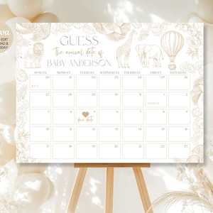 Bearbeitbar Safari Toile De Jouy Babyparty Erraten Sie Ankunftsdatum Kalender Zeichen, Tan, Erraten Sie Babys Fälligkeitsdatum Kalender, Dekoration, Canva