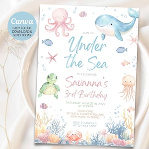 Bewerkbaar sjabloon voor derde verjaardag Under the Sea-verjaardagsuitnodiging, sjabloon Under the Sea-verjaardagsuitnodiging. Elke leeftijd. Direct downloaden. Canvas