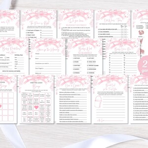 Pink Ribbon Floral Toile De Jouy Baby Shower Game Bundle. Pink Bow 20 Baby Shower games. Instant download. Canva