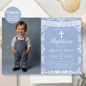 Dusty Blue Papel Picado Baptism Invitation with photo | Editable Canva Template | Mexican Theme Baptism Invite. Instant download. Canva