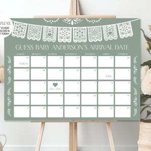 Cielito Lindo Baby Shower Guess Baby's Fälligkeitskalender, mexikanische Talavera Theme Dekoration, Salbei grün Vorlage, Canva