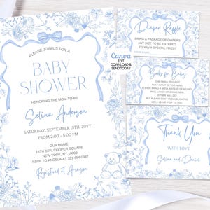 Set di inviti per baby shower con fiocco blu modificabili. Invito per baby shower con nastro blu floreale Toile De Jouy Invito per baby shower. Download immediato Canva