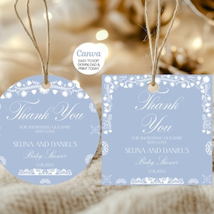 Bewerkbare Cielito Lindo babyshower bedankkaartjes. Stoffige blauwe Mexicaanse talavera-thema babyshower bedanksticker. Direct downloaden. Canvas
