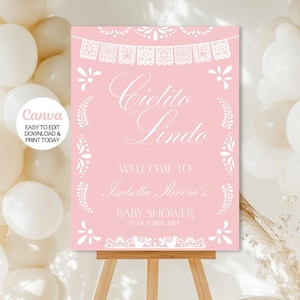 Sinal de boas-vindas editável do chá de bebê Cielito Lindo, decorações de chá de bebê com tema Talavera mexicano rosa, modelo de papel picado. Canva