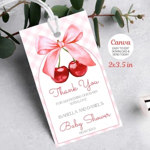 Tag modificabili Cherry on top Baby Shower Grazie. Tag tema ciliegia Baby Shower Grazie. Tag Pink Bow Berries Baby Sprinkle. Canva