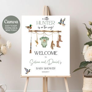 Panneau de bienvenue modifiable « Un petit chasseur est en route ». Poster de bienvenue pour baby shower, chasse au canard. Téléchargement instantané. Toile