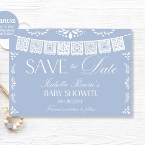 Invito per baby shower Save the Date di Cielito Lindo, invito Save the Date a tema Talavera messicano, Papel Picado, Dusty Blue, modificabile Canva