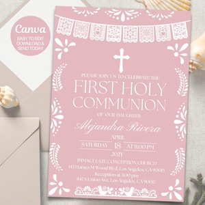 Blush roze Papel Picado uitnodiging eerste communie | Bewerkbare canvassjabloon | Mexicaanse thema-uitnodiging voor meisje. Direct downloaden. Canvas