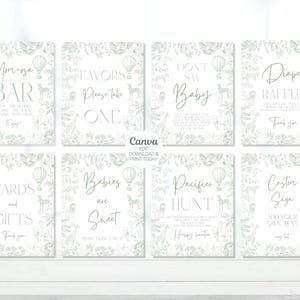 Editable Safari Toile De Jouy Baby Shower Sign Bundle, Sage green Safari Baby Shower Decorations, Table Signs 8x10. Canva