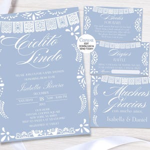 Set di inviti per baby shower modificabili Cielito Lindo, invito per baby shower a tema Talavera messicano blu polvere, Papel Picado Baby Sprinkle, Canva