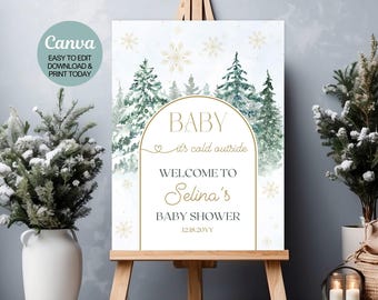 Cartello di benvenuto per baby shower modificabile &quot;Fa freddo fuori&quot;, decorazioni per baby shower nel paese delle meraviglie invernali, modello digitale. Canva