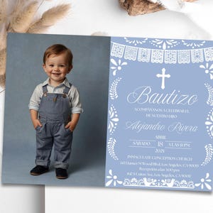 Dusty Blue Papel Picado Baptism Invitation with photo in Spanish | Editable Canva Template | Mexican Theme Bautizo. Instant download. Canva
