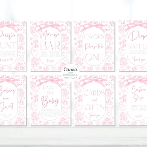 Bewerkbare roze strik toile de jouy babyshowerbordbundel, roze lint bloemen toile de jouy babyshowerversieringen, tafelborden 8 x 10. Canvas