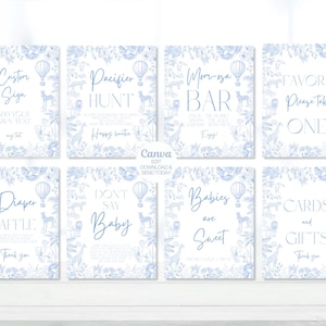 Lot d'enseignes modifiables Safari Toile de Jouy pour baby shower, décorations pour baby shower Safari bleu cendré, enseignes de table 8 x 10. Toile