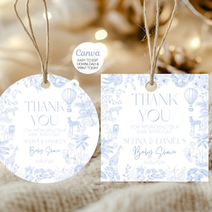 Etiquetas editáveis Safari Toile De Jouy Baby Shower Obrigado. Adesivo Dusty Blue Jungle Theme Baby Shower Obrigado. Download instantâneo. Canva