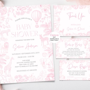 Pacote de convites editáveis para chá de bebê Safari Toile de Jouy. Convite rosa para chá de bebê Safari. Download instantâneo. Canva