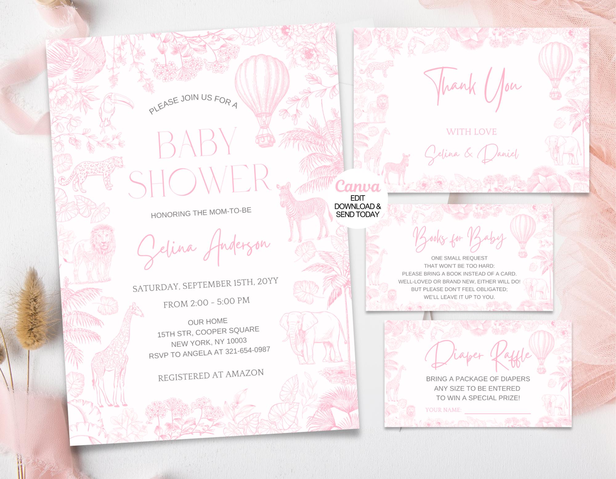 Editable Safari Toile De Jouy Baby Shower Invitation Pack. Pink Safari Baby Shower Invite Baby Shower Invite. Instant download. Canva