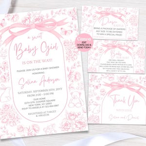 Invitación editable para baby shower con lazo rosa. Invitación para baby shower con lazo rosa y diseño floral Toile de Jouy. Descarga instantánea Canva