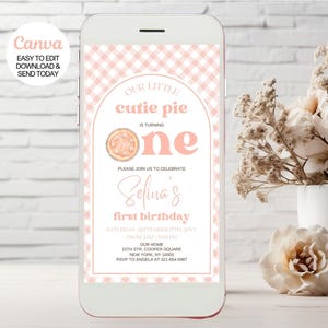 Elektroniczne zaproszenie na pierwsze urodziny Cutie Pie na każdy smartfon. Edytowalne zaproszenie na pierwsze urodziny Pumpkin Pie. Canva