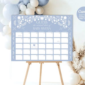 Calendario editable con fecha de llegada para baby shower de Cielito Lindo, calendario con fecha de parto para bebé, decoración con temática de Talavera mexicana, Canva